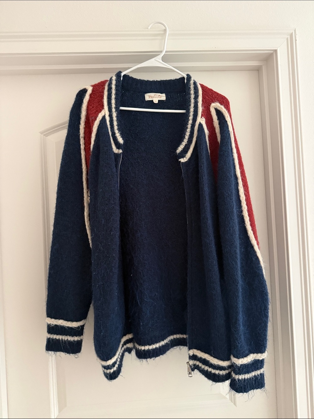 Vintage-Inspired Navy & Red Stripe Women's Cardigan Sweater